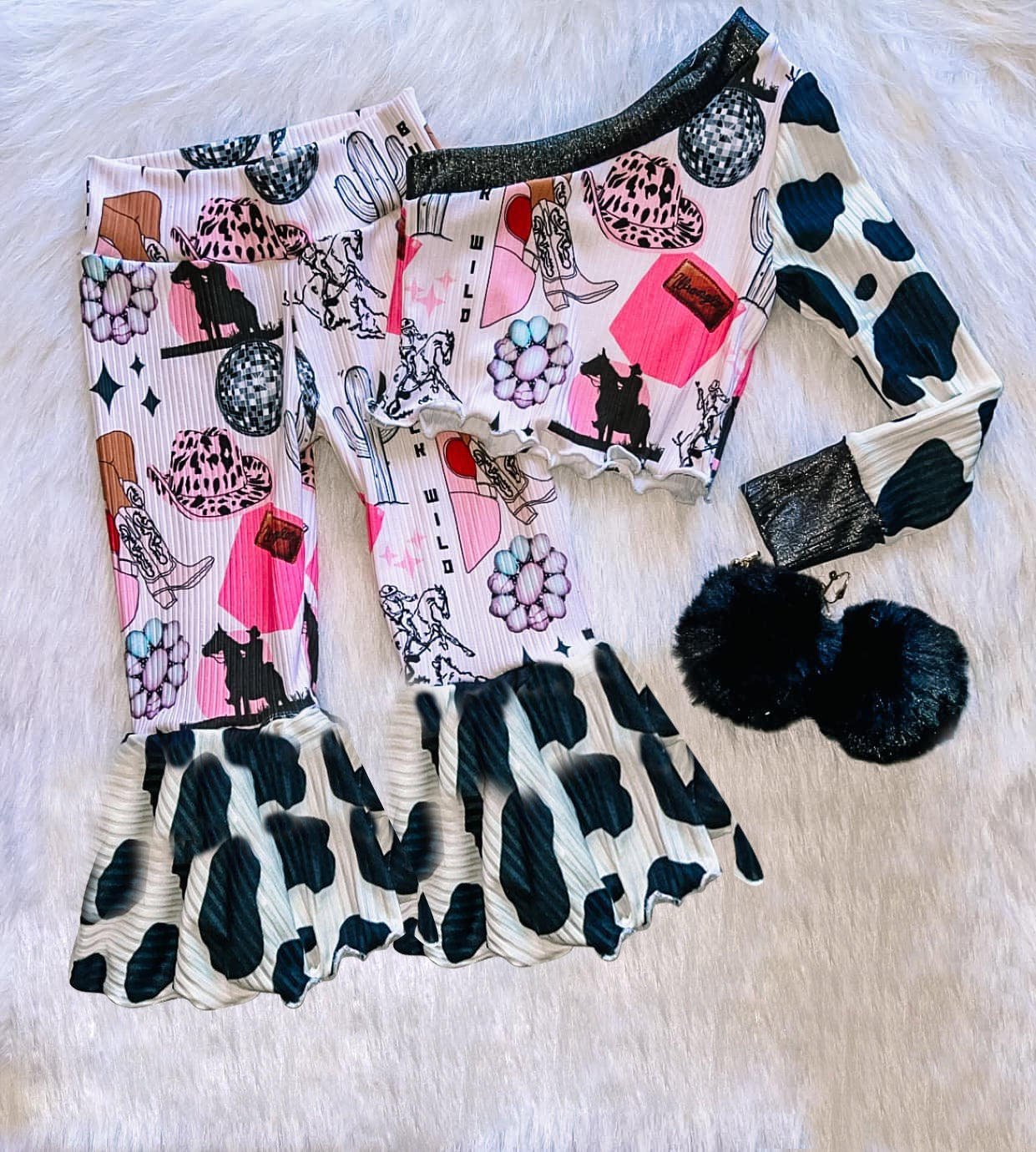 custom moq 3 Western boot cactus turquoise one-sleeve pants girls set