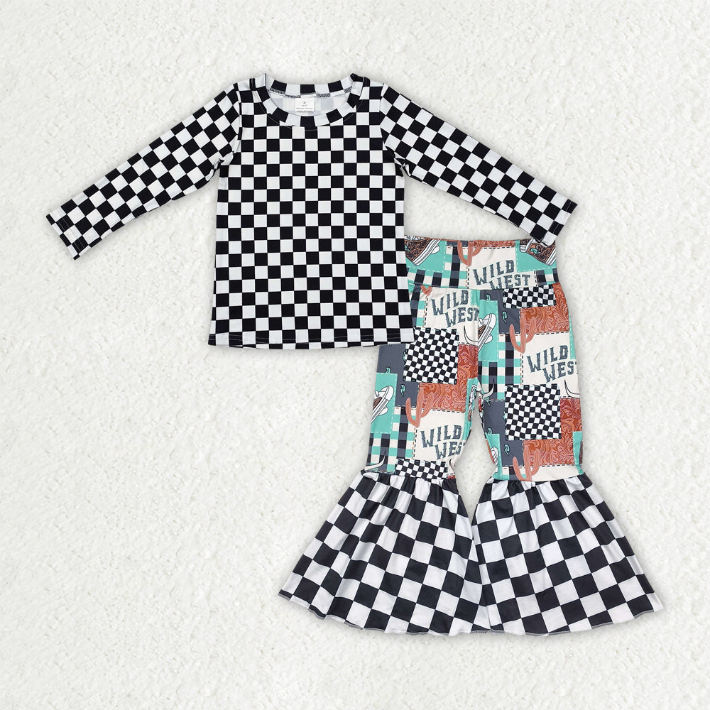 GLP2334 Western black checkered long sleeve wild west cactus pants girls set