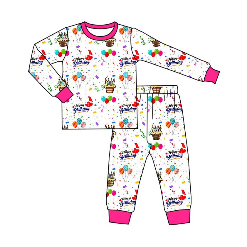 preorder GLP2337 happy birthday cake hot pink long sleeve pants girls pajamas