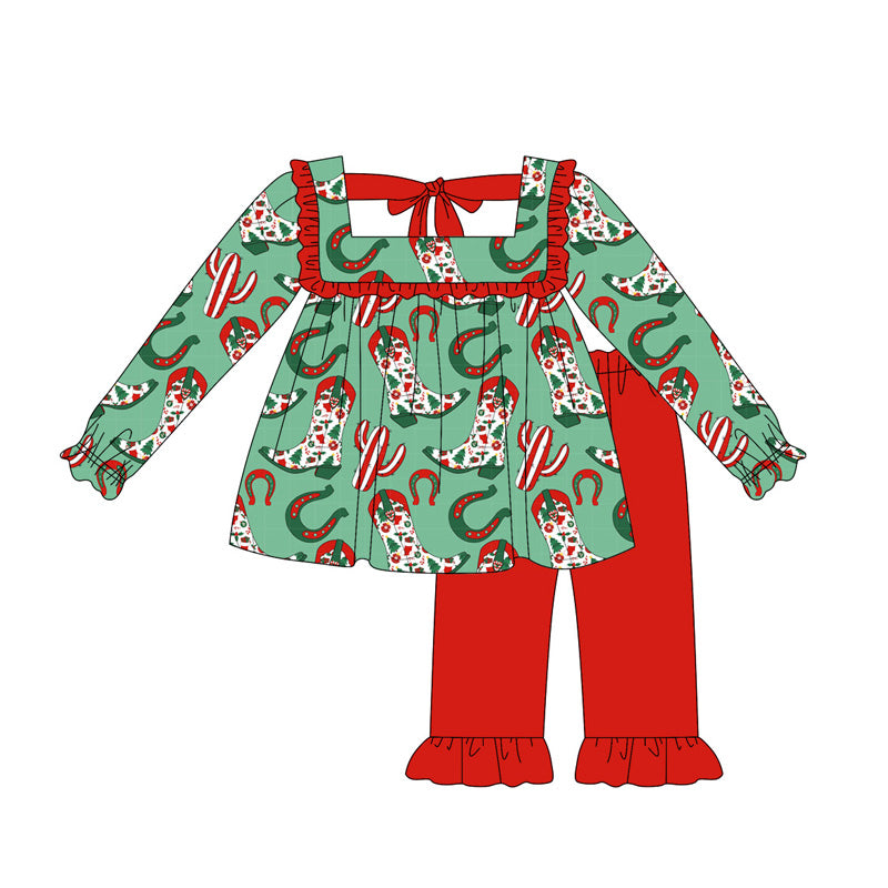 preorder GLP2355 Western Christmas boot green long sleeve red pants girls set