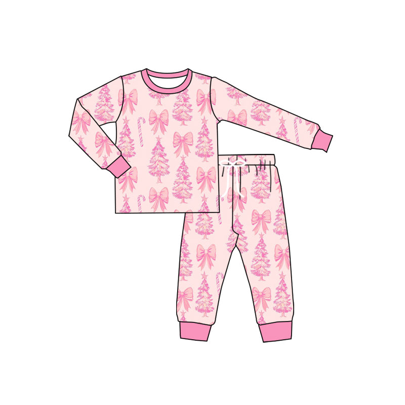 preorder GLP2356 Christmas cane candy tree bows pink long sleeve pants girls pajamas