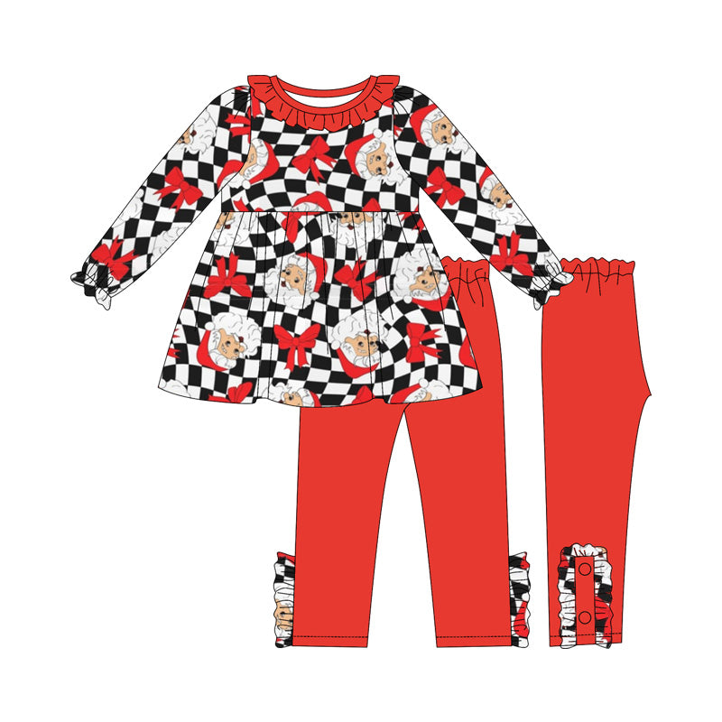 preorder GLP2368 Christmas Santa bows black checkered long sleeve red pants girls set