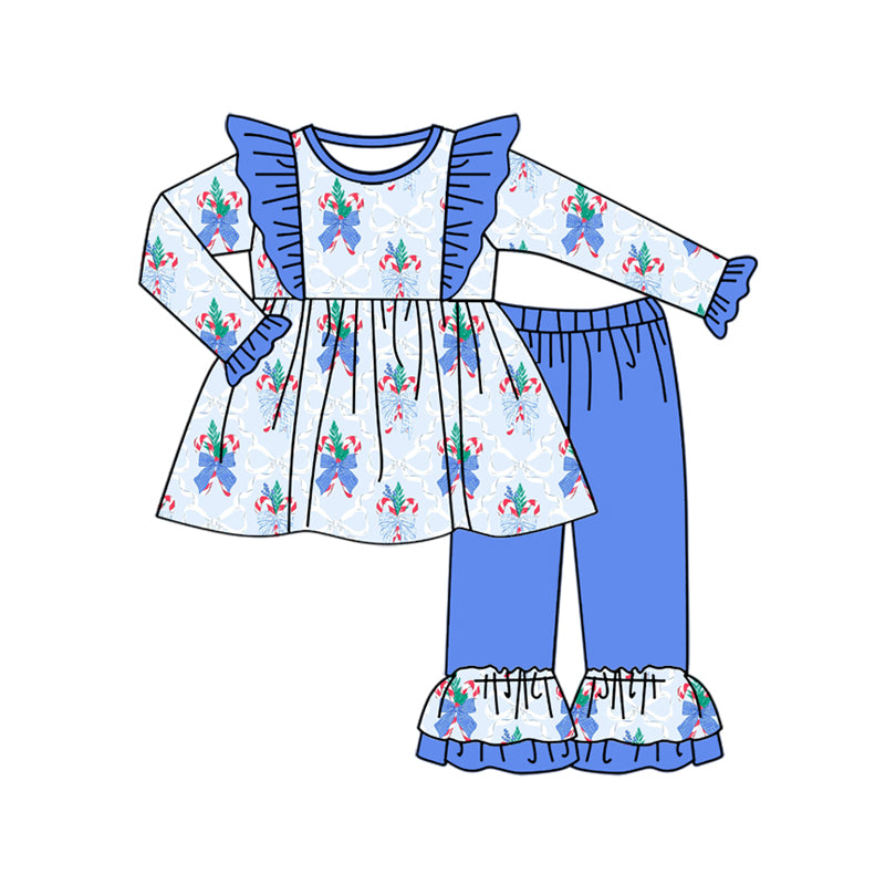 preorder GLP2378 Christmas cane candy bows long sleeve blue pants girls set