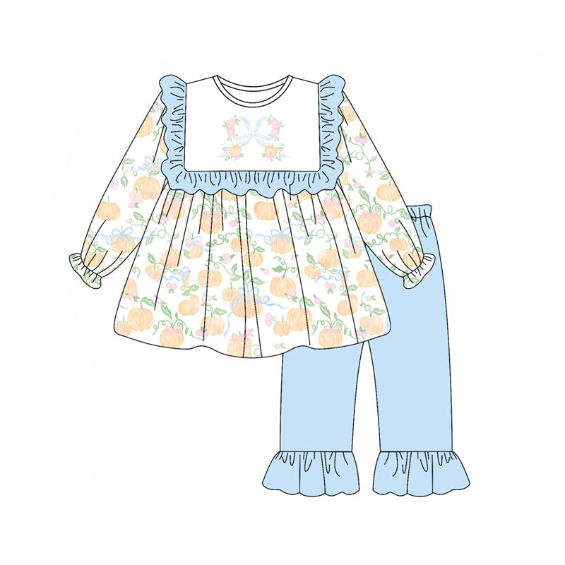 preorder GLP2398 Autumn pumpkin flowers long sleeve blue pants girls set