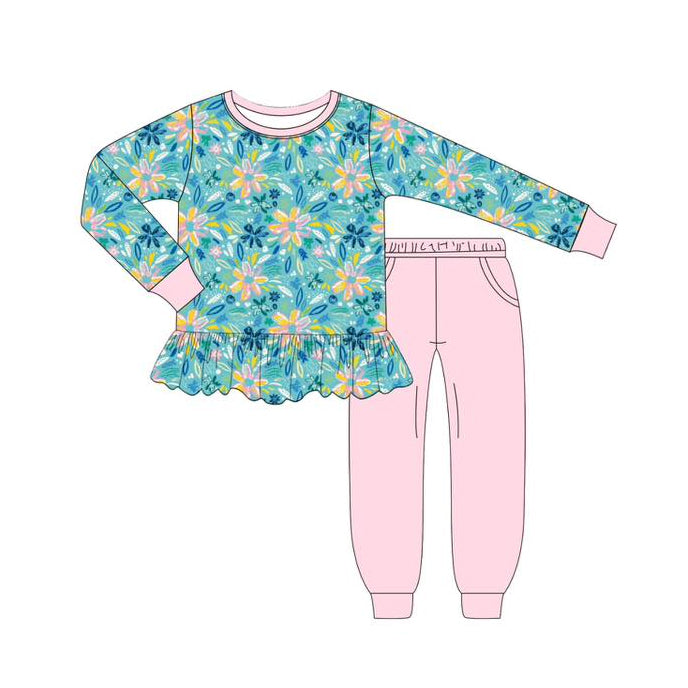 preorder GLP2405 pink flowers blue long sleeve pink pants girls set
