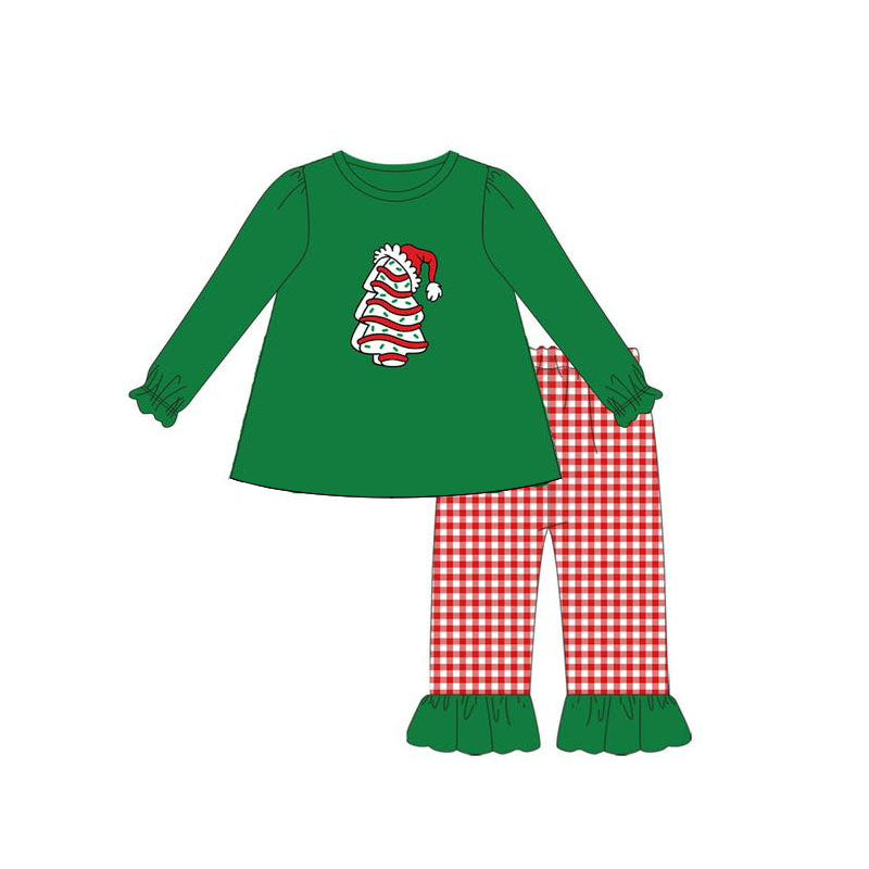 preorder GLP2411 Christmas tree hat season green long sleeve red checkered pants girls set