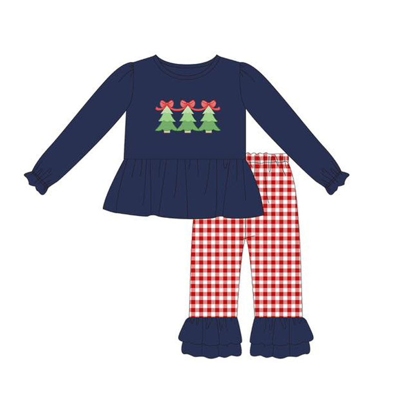 preorder GLP2412 Christmas tree bows navy blue long sleeve red checkered pants girls set