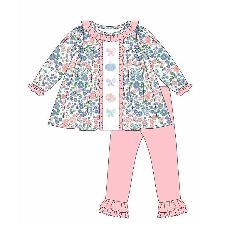 preorder GLP2418 blue pumpkin pink pumpkin flowers floral long sleeve pink pants girls set