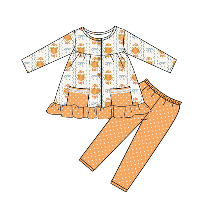 preorder GLP2426 pumpkin bows flowers pockets long sleeve orange pants girls set