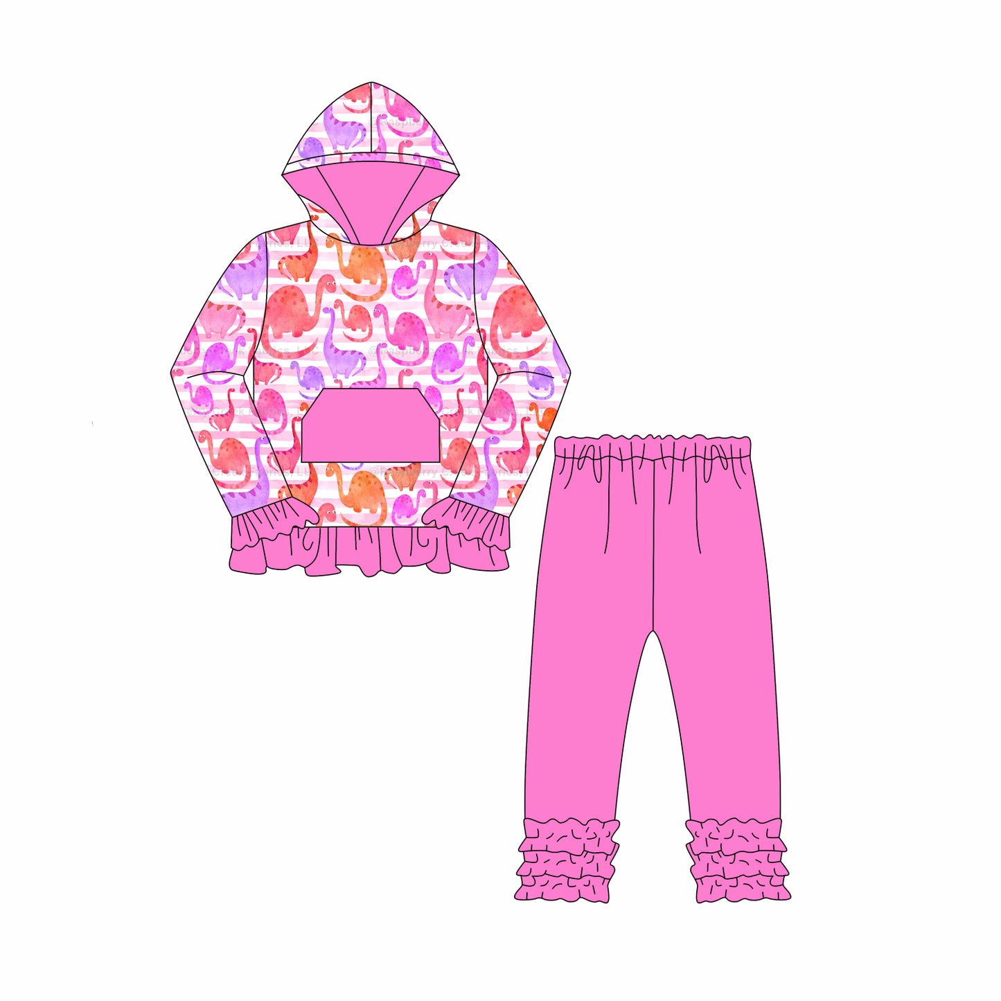 preorder GLP2430 cartoon dinosaur hot pink pocket hoodie long sleeve pants girls set