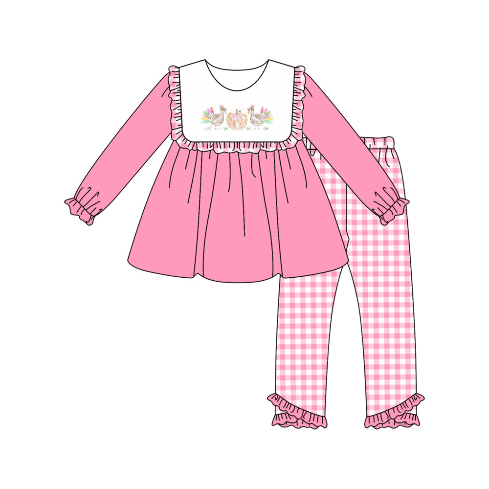 preorder GLP2432 thanksgiving turkey pumpkin pink long sleeve checkered pants girls set