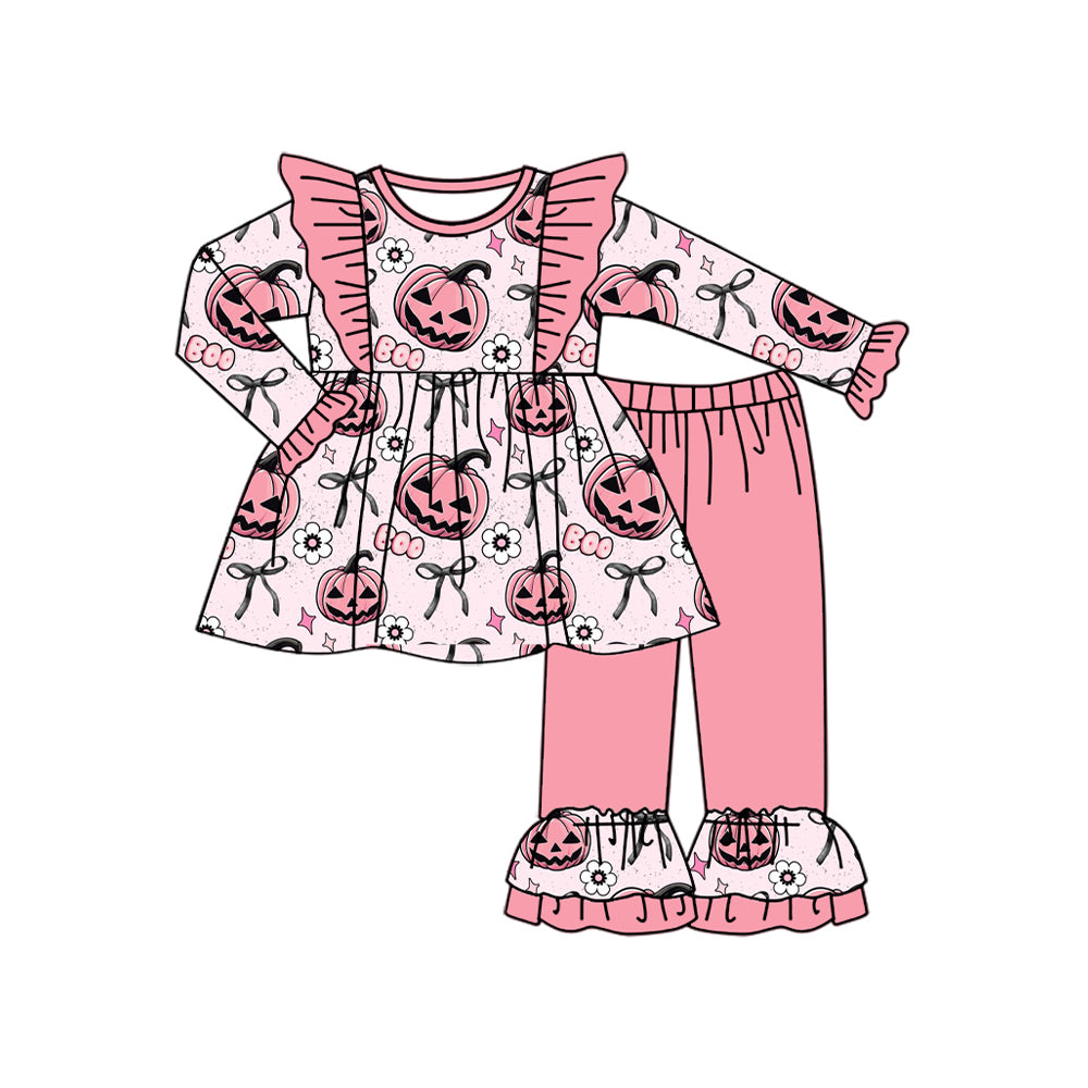 preorder GLP2434 Halloween pumpkin boo flowers bow pink long sleeve pants girls set