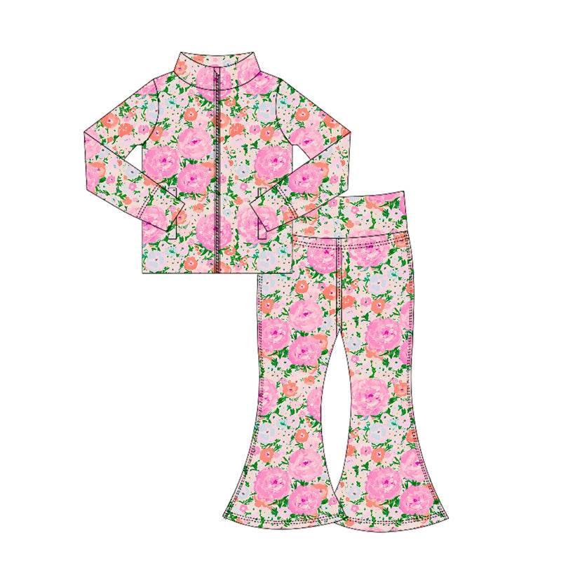 preorder GLP2436 yoga colorful flowers pink flowers zipper long sleeve pants girls set