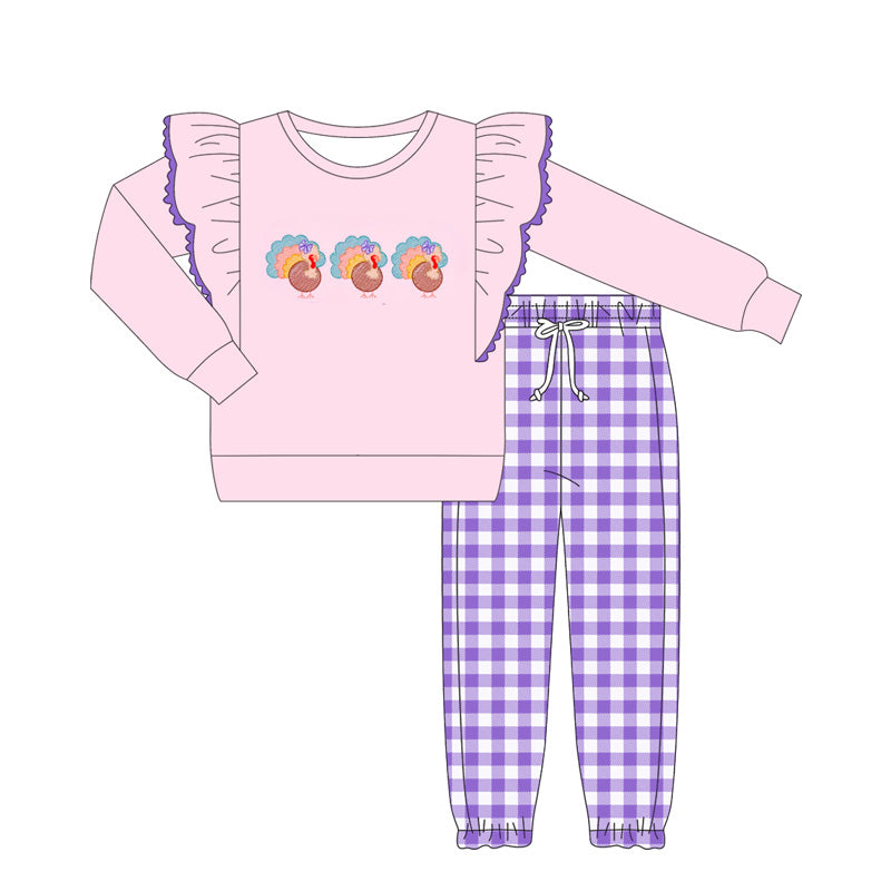 preorder GLP2443 Thanksgiving turkey pink long sleeve purple checkered pants girls set
