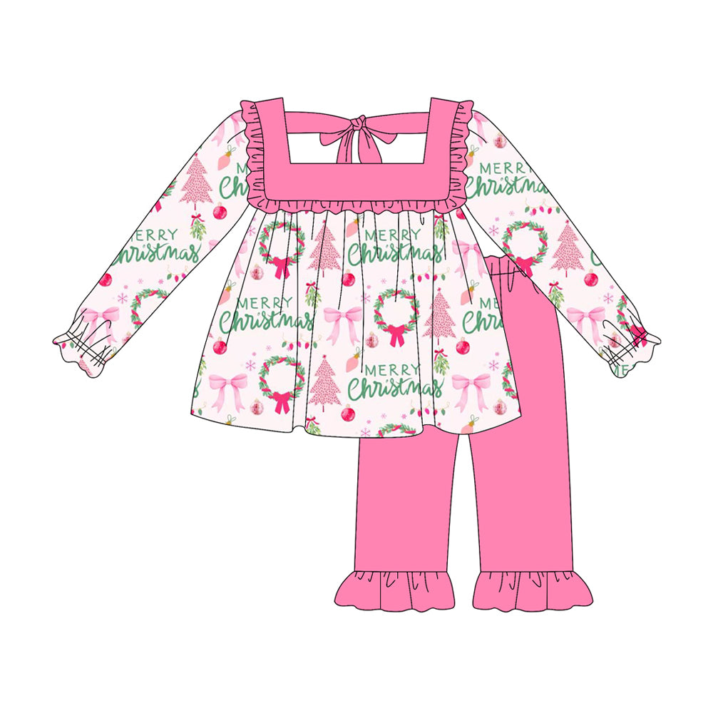 preorder GLP2454 Merry Christmas bows tree hot pink long sleeve pants girls set