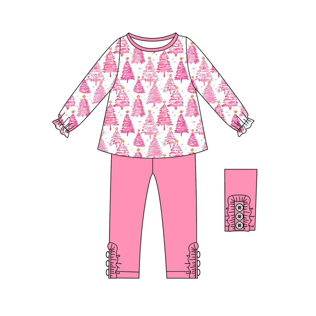 preorder GLP2473 Christmas hot pink tree long sleeve pants girls set