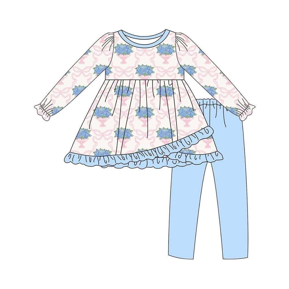 preorder GLP2477 vase blue flowers pink bows long sleeve blue pants girls set