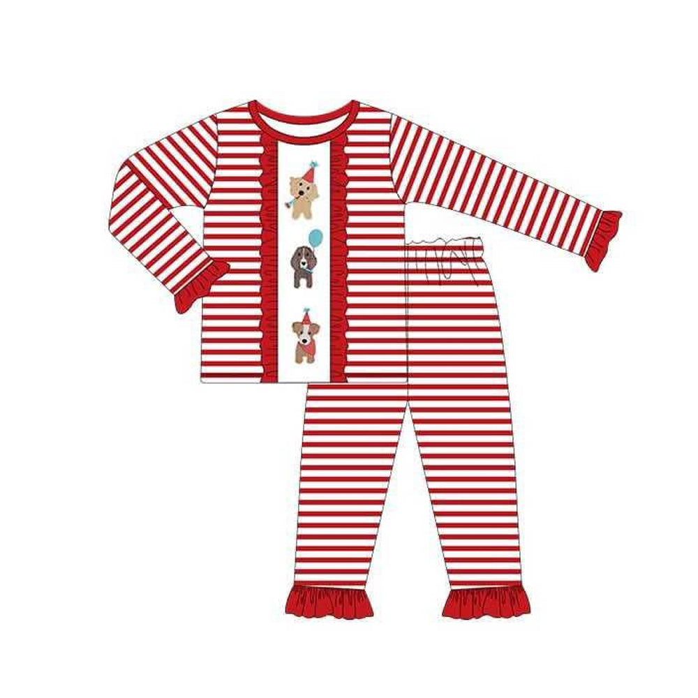 preorder GLP2486 happy birthday dog red striped long sleeve pants girls pajamas