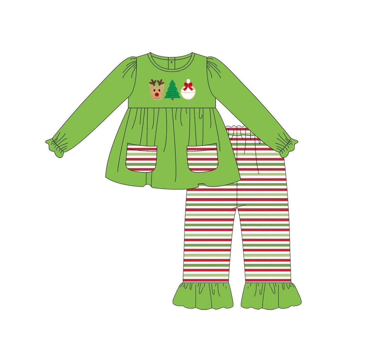 preorder GLP2490 Christmas tree deer pockets green long sleeve red/green striped pants girls set