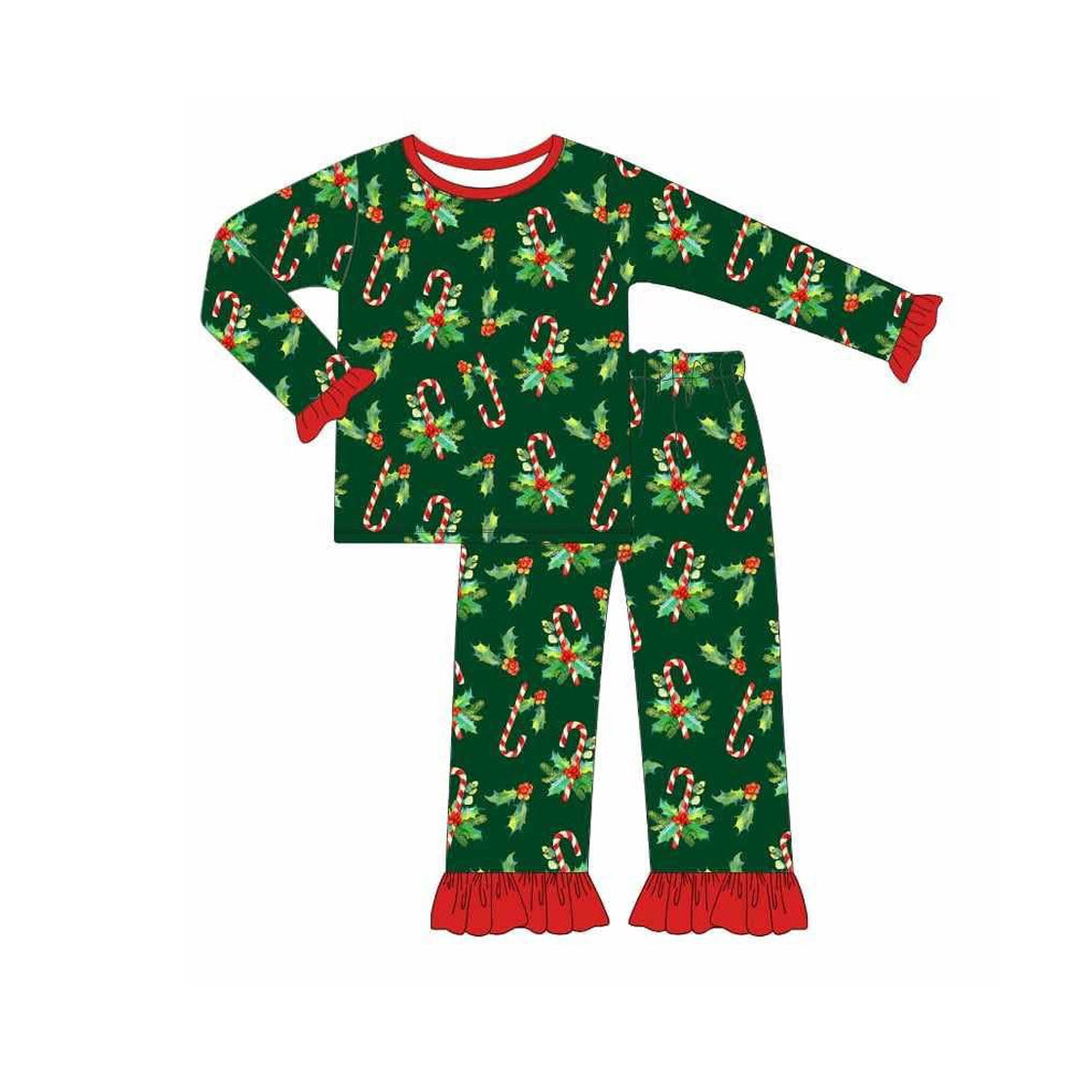 preorder GLP2492 Christmas holly berry candy cane green long sleeve pants girls pajamas