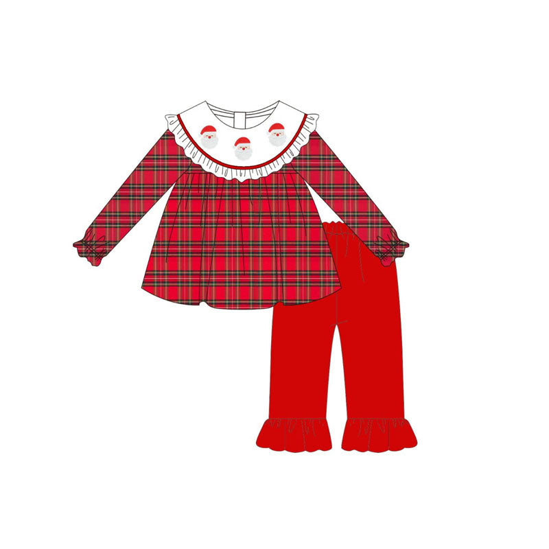 preorder GLP2494 Christmas Santa red checkered long sleeve red pants girls set