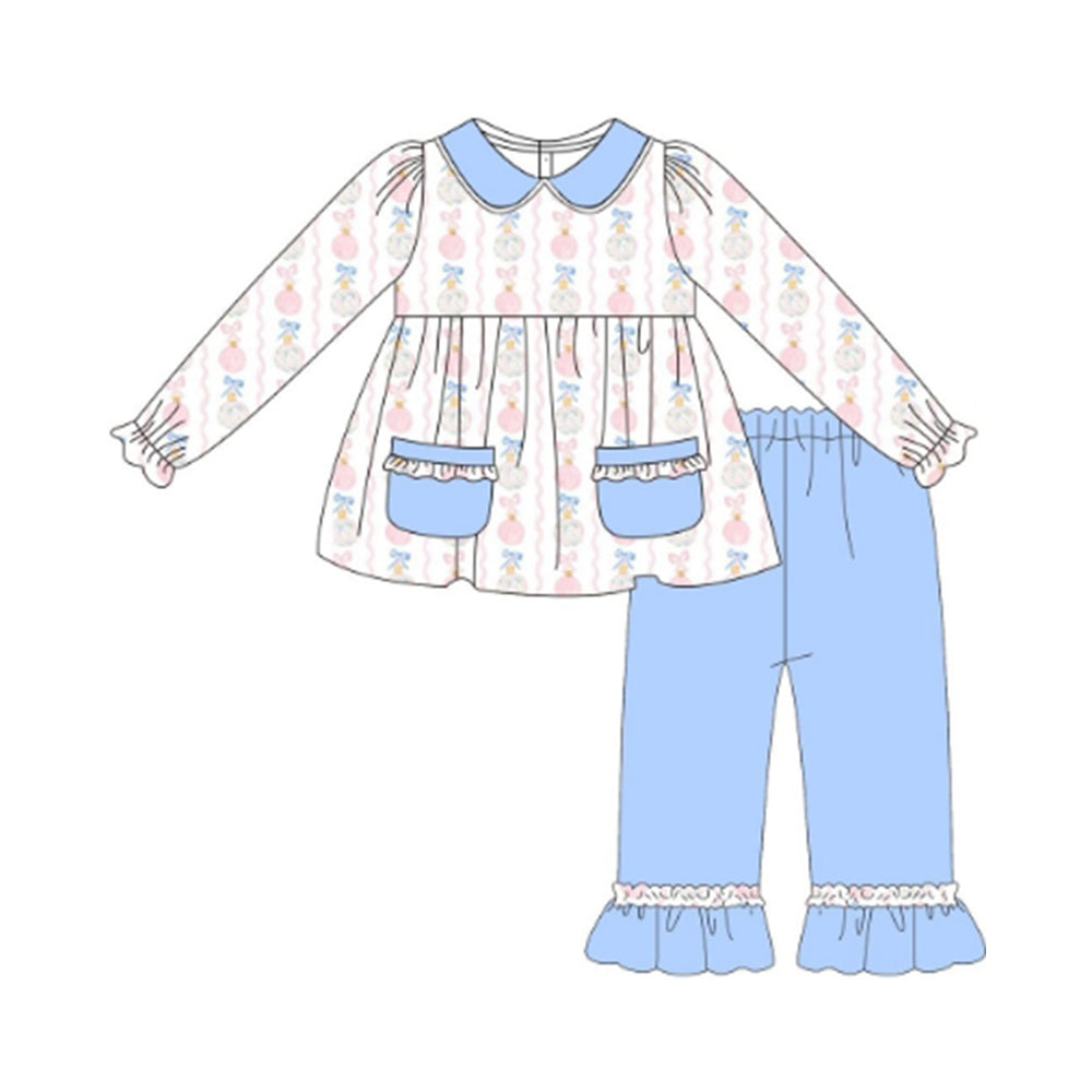 preorder GLP2496 vase bows pockets long sleeve blue pants girls set