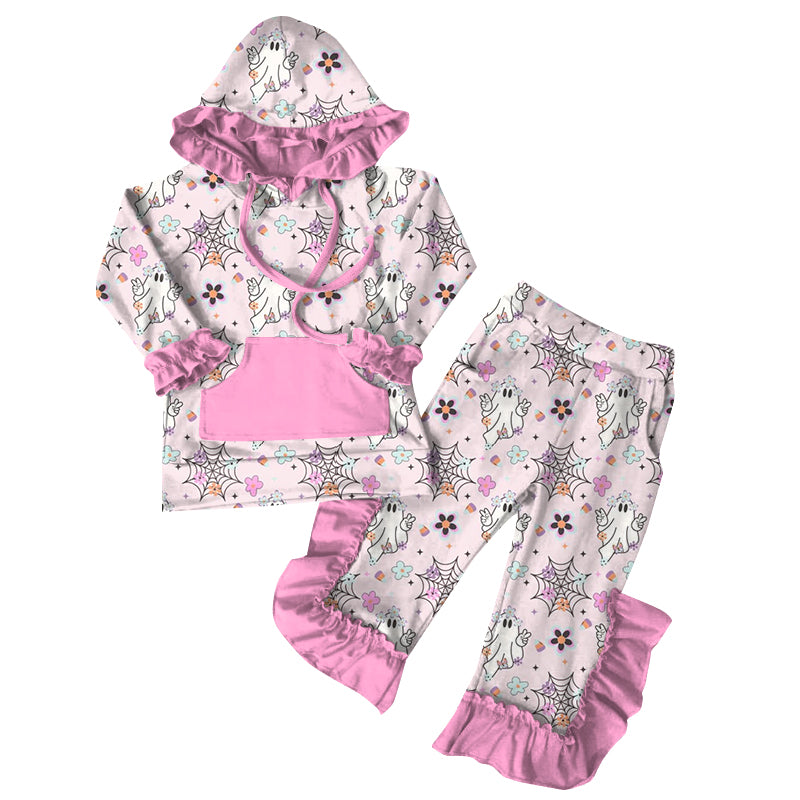 preorder GLP2508 Halloween spooky flowers pink pocket long sleeve hoodie pants girls set