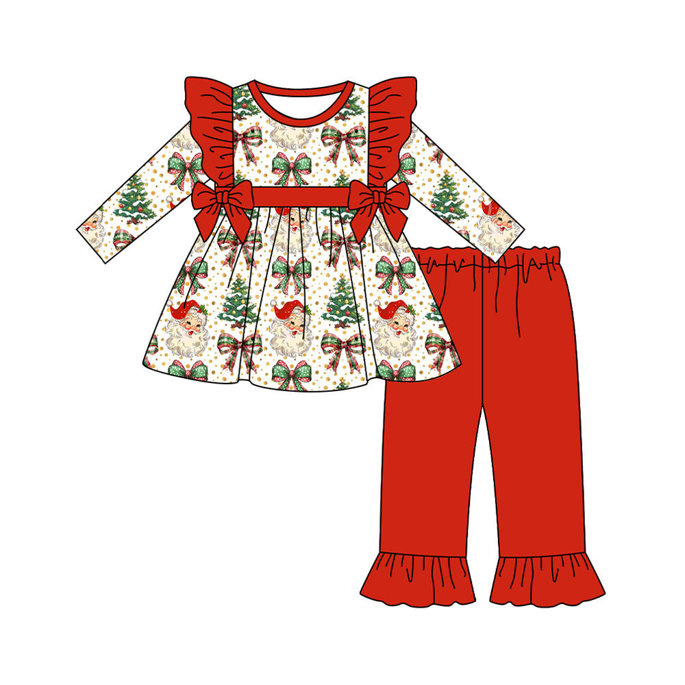 preorder GLP2513 Christmas tree Santa bows long sleeve red pants girls set