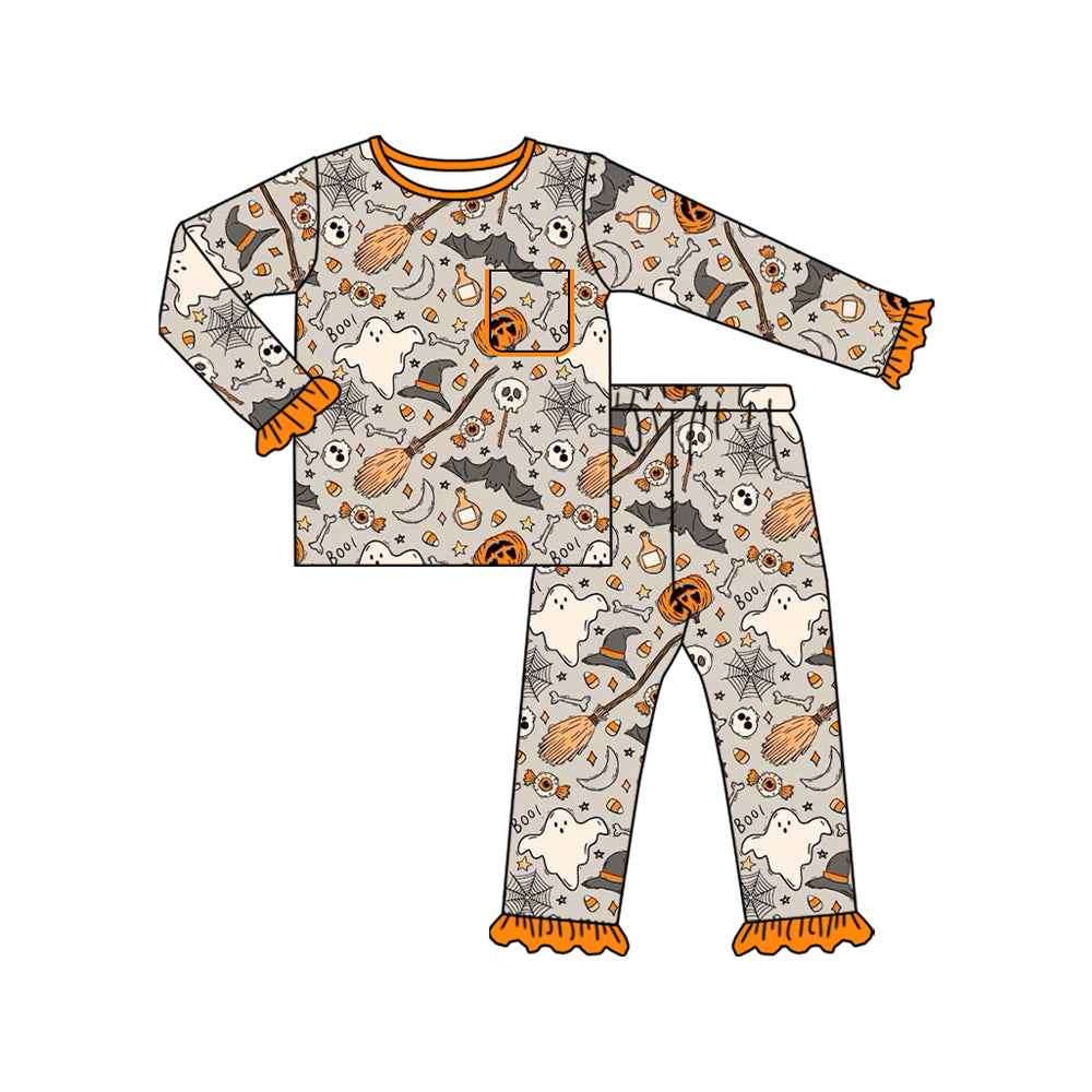 preorder GLP2514 Halloween spooky bat pumpkin orange long sleeve pants girls pajamas