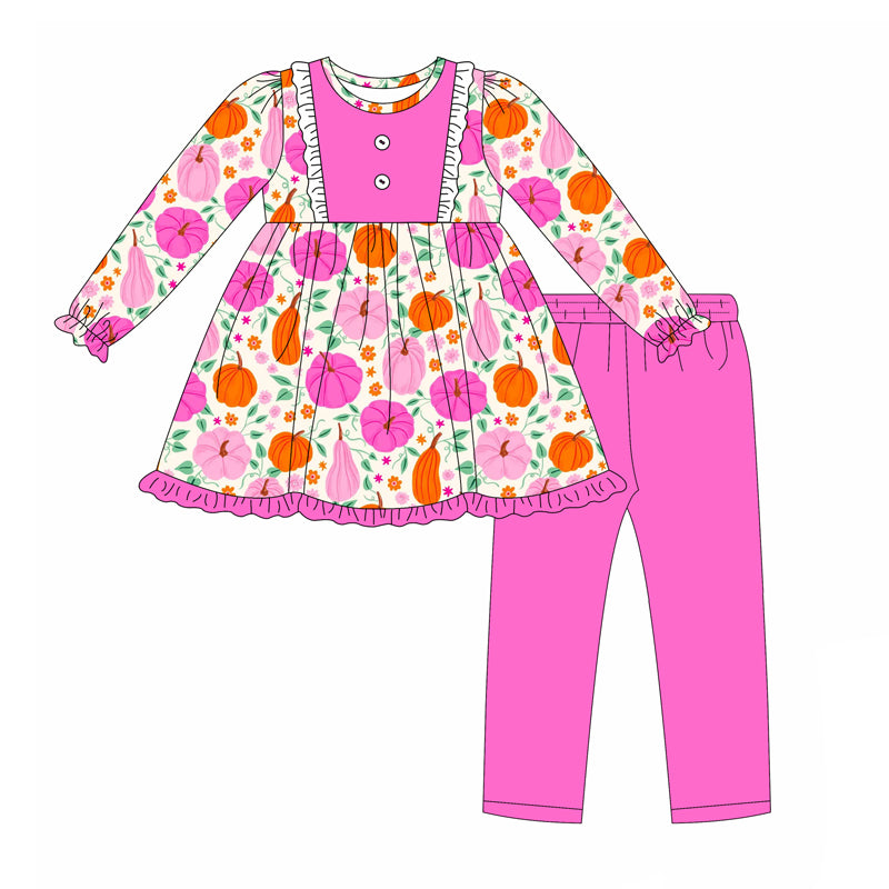 preorder GLP2522 hot pink/pink/orange pumpkin flowers long sleeve pants girls set