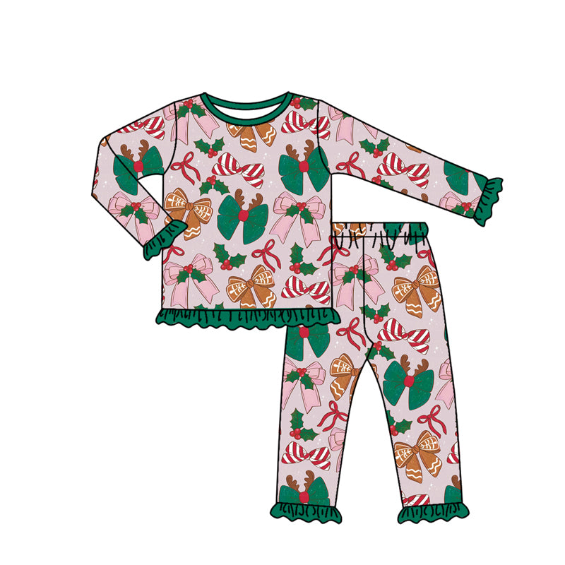preorder GLP2526 Christmas gingerbread man bows holly berry green long sleeve pants girls pajamas