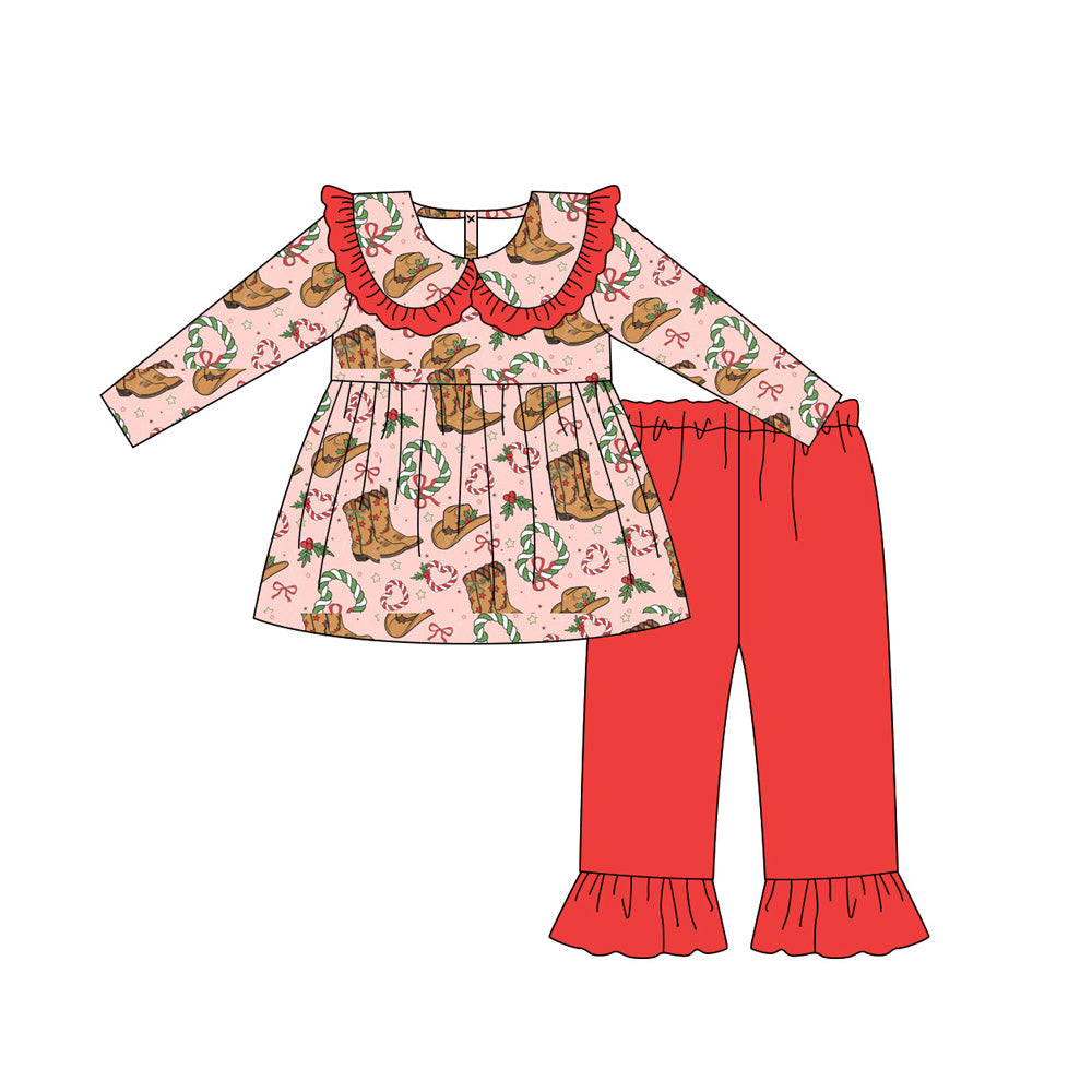 preorder GLP2540 Christmas boot candy cane holly berry long sleeve red pants girls set