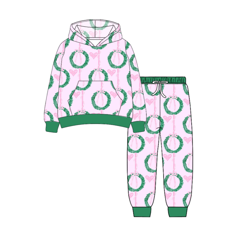 preorder GLP2545 Christmas pink heart bwos pocket hoodie long sleeve pants girls set