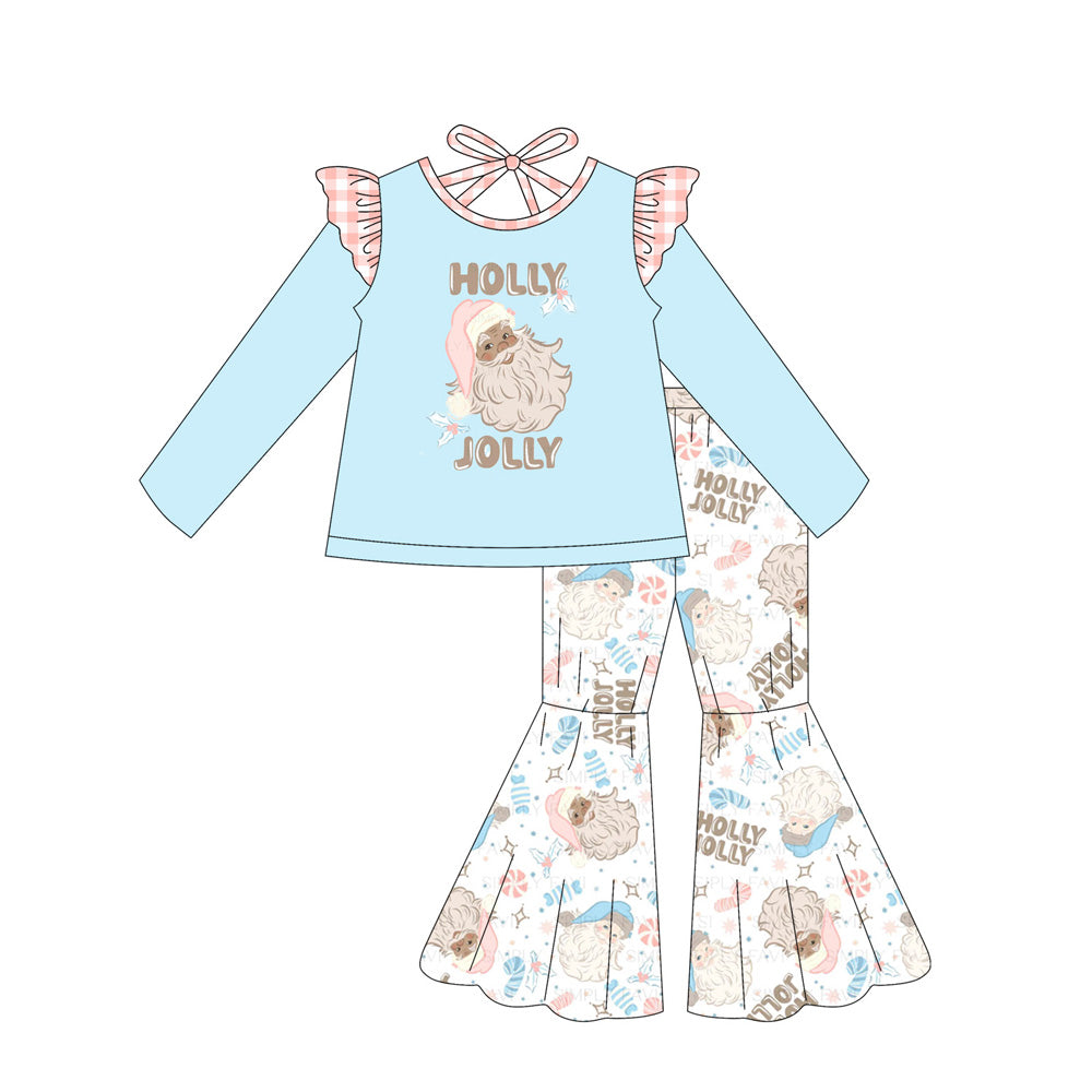 preorder GLP2547 Christmas Santa holly jolly blue long sleeve pants girls set