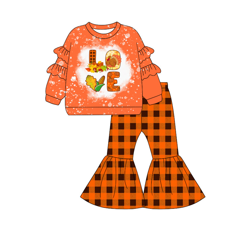 preorder GLP2550 thanksgiving turkey love orange long sleeve checkered pants girls set