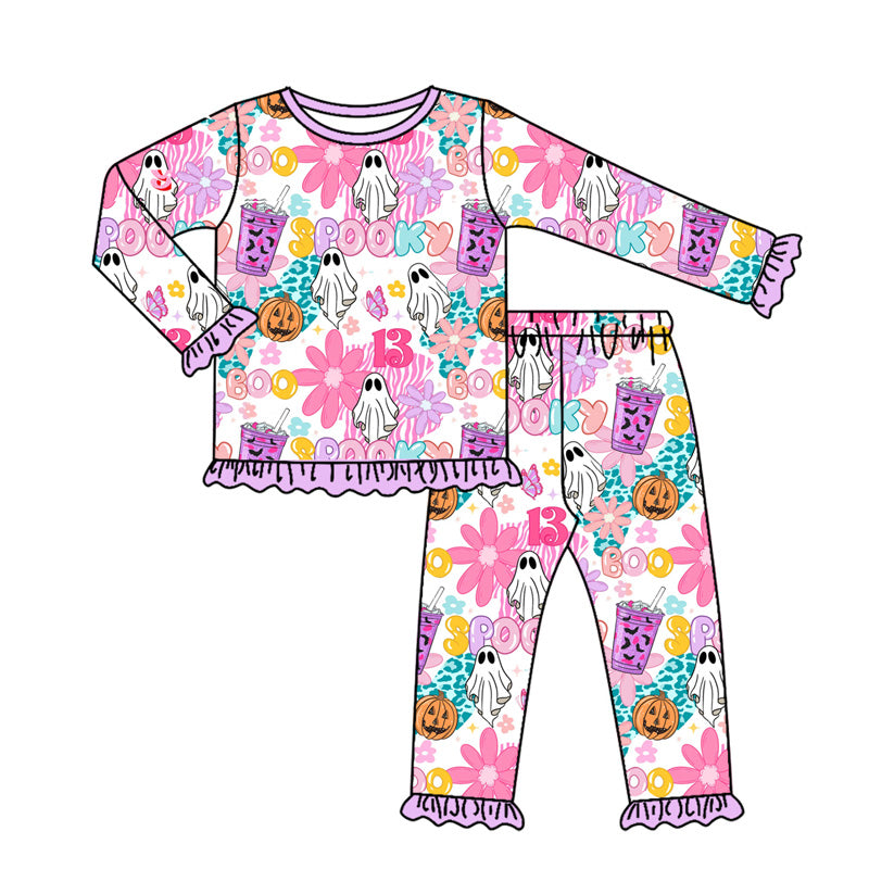 Custom moq 20 bamboo Halloween spooky flowers purple long sleeve pants girls pajamas