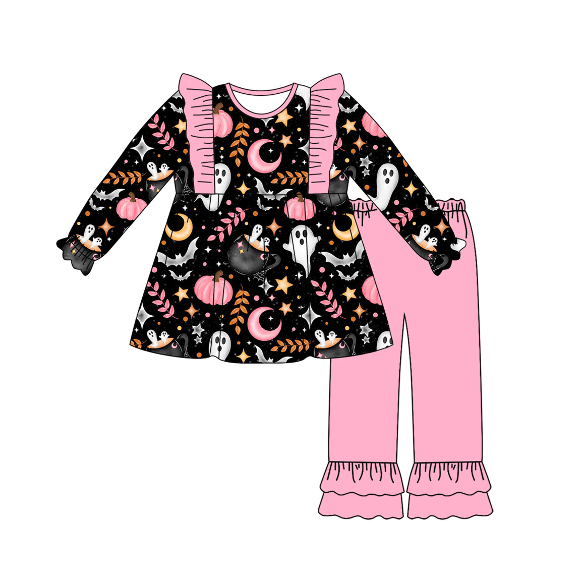 preorder GLP2568 Halloween spooky pumpkin black long sleeve pink pants girls set