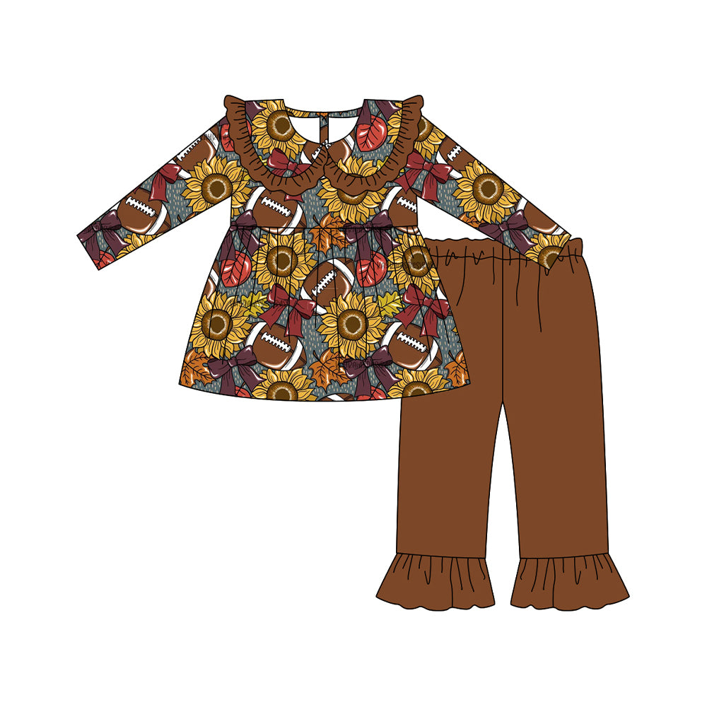 preorder GLP2579 Football sunflowers bows long sleeve brown pants girls set