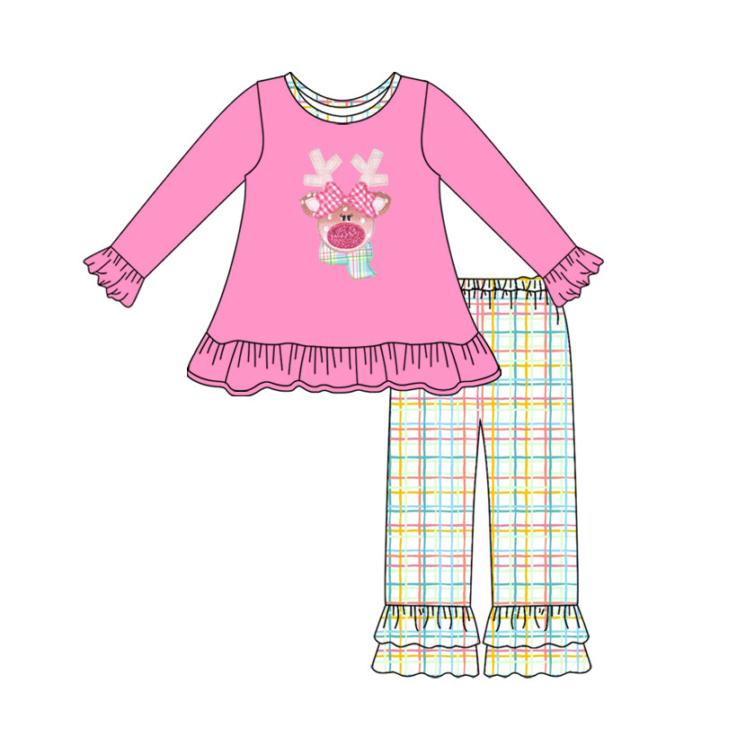 preorder GLP2589 Christmas deer hot pink long sleeve colorful checkered pants girls set