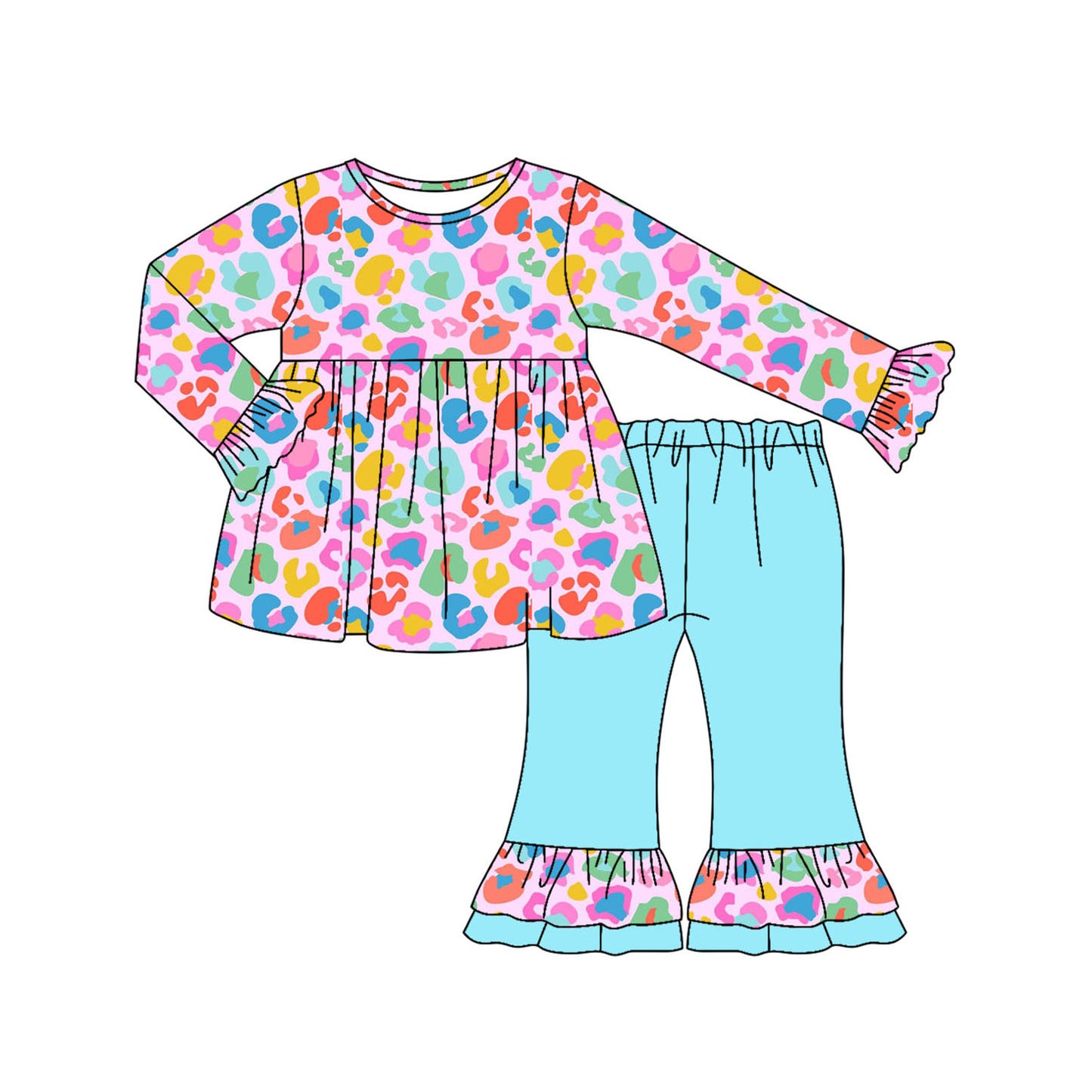 preorder GLP2592 colorful leopard long sleeve mint color green pants girls set