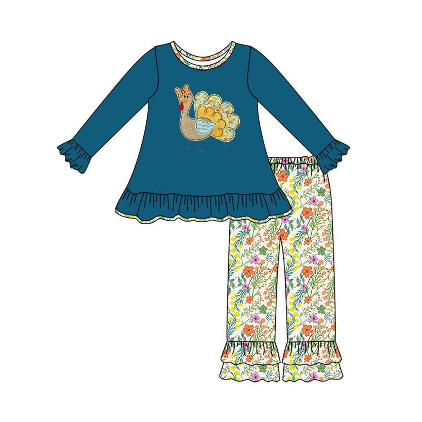 preorder GLP2601 Thanksgiving turkey navy blue long sleeve flowers floral pants girls set