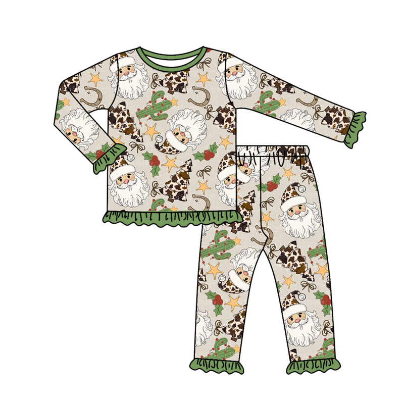 preorderGLP2603 Christmas Western cactus Santa holly berry green long sleeve pants girls pajamas