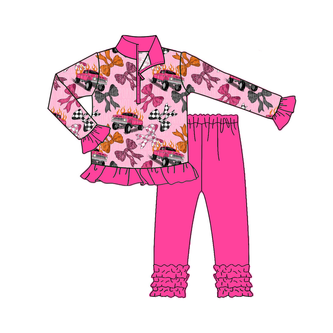 preorder GLP2608 cartoon car bows pink zipper long sleeve hot pink pants girls set