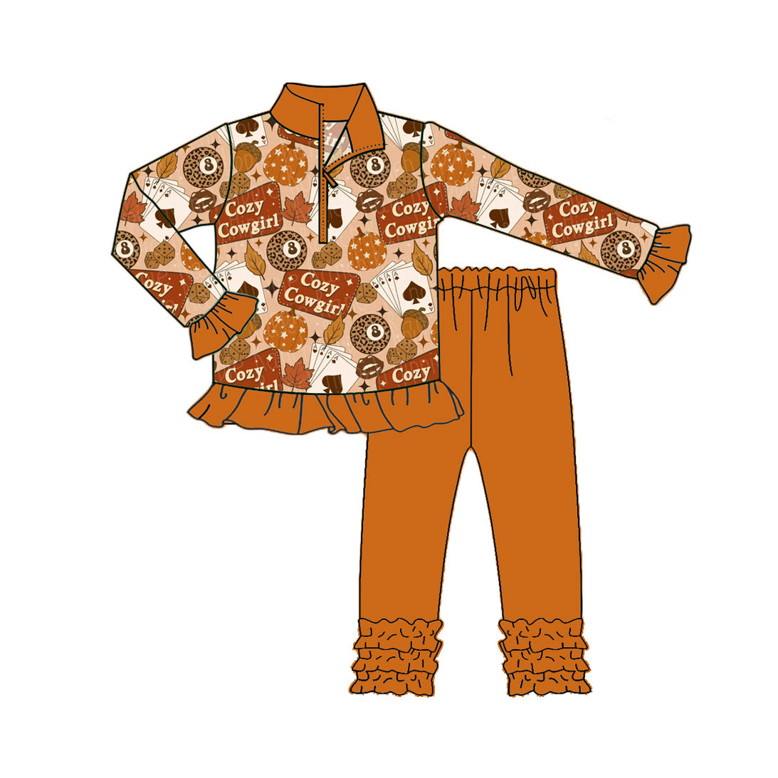 preorder GLP2610 Thannksgiving pumpkin cowgirl zipepr long sleeve orange pants girls set