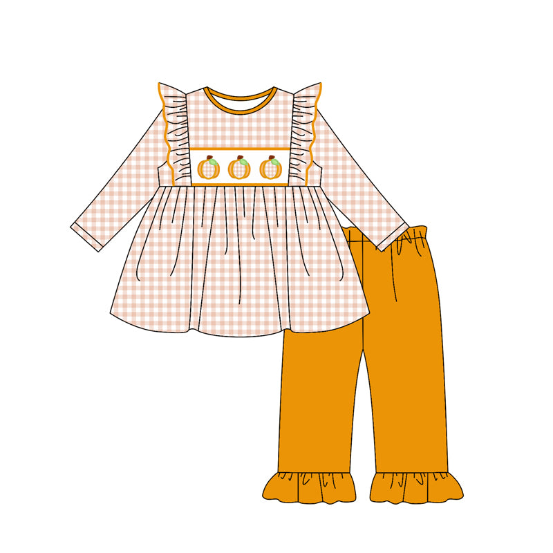 preorder GLP2611 Autumn pumpkin checkered long sleeve orange pants girls set