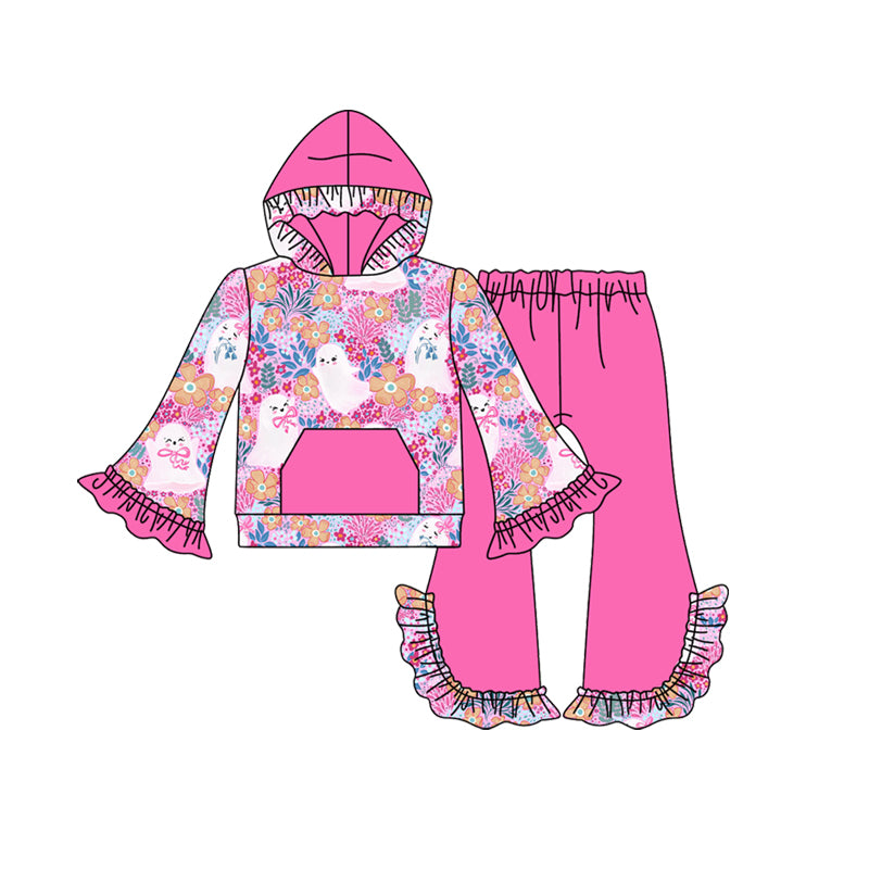 preorder GLP2619 Halloween spooky colorful flowers pocket hoodie long sleeve hot pink pants girls set
