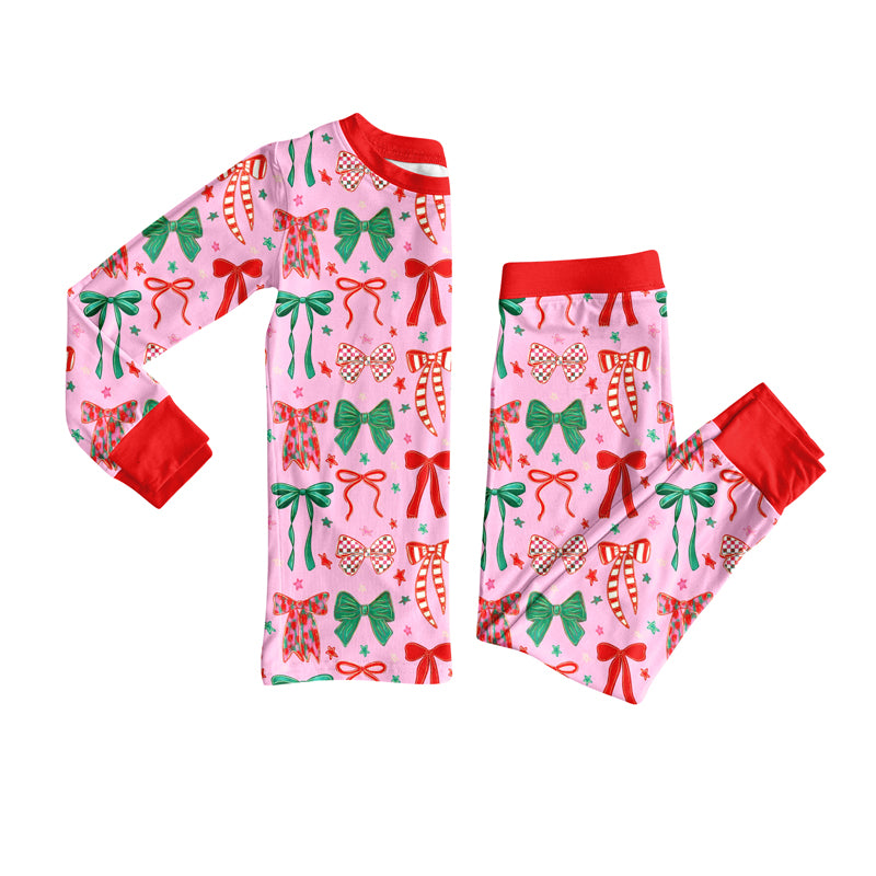 preorder GLP2624 Christmas gree/red bows pink red long sleeve pants girls pajamas