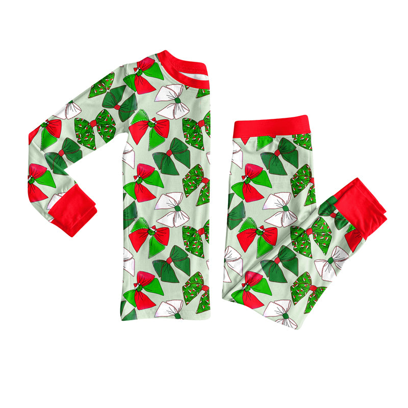 preorder GLP2631 Christmas green bows red long sleeve pants girls pajamas