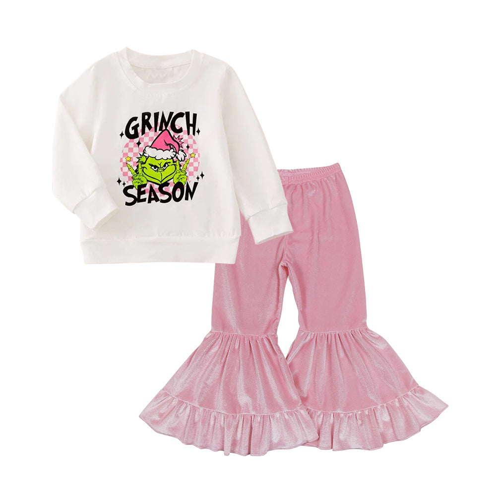 preorder GLP2636 Christmas green face season long sleece pink velvet pants girls set