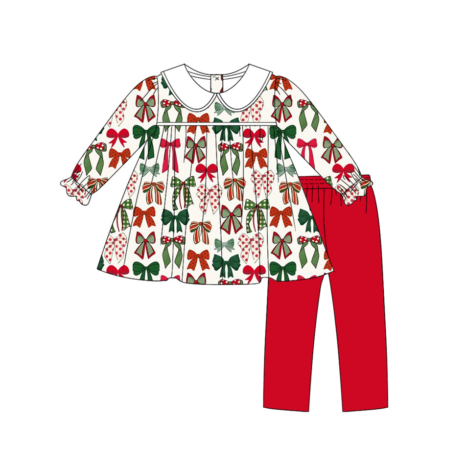 preorder GLP2643 Christmas red green bows long sleeve red pants girls set